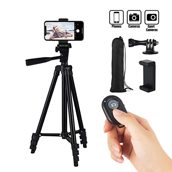 Hitch Phone Tripod, 51 Inch 130cm Aluminum Lightweight Tripod for iphone/Samsung/Huawei Smartphone, Camera with Bluetooth Remote Control, Carrying Bag and Gopro Mount (Black)