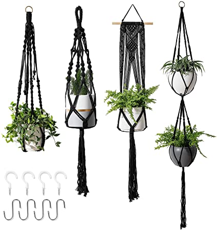 POTEY 640102 Macrame Plant Hangers - Hanging Planter Indoor Outdoor Flower Pots Holder, Hanging Plant Holder Handmade Cotton Rope for Boho Home Decor, 4 Pack 35"/41"/46"/67",Black