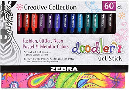 Zebra Pen Doodlerz Gel Stick Pen Mega Set, Bold Point, 1.0mm, Assorted Glitter, Neon, Metallic, Pastel Colors, 60 Pack