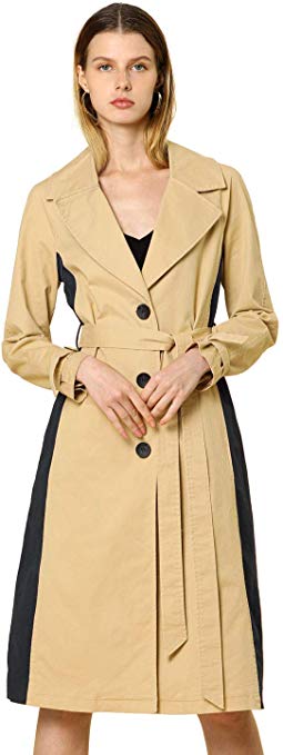 Allegra K Women's Belted Single Breasted Color Block Fall Winter Long Trench Coat