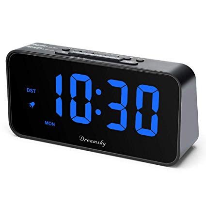 DreamSky 7.3 Inches Large Alarm Clock Radio, Electronic FM Clock Radio, 2 Inches Digit Display with Dimmer, USB Charging Port, Weekday Display, Snooze, Sleep Timer, DST, Battery Backup.