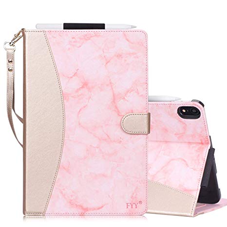 FYY [Marble Pattern] Leather Case with Pencil Holder for Apple iPad Pro 11 inch (2018), Folio Case Smart Cover with [Auto Sleep/Wake Feature][Multiple Stand Angles][Card Slots][Hand Strap] Pink