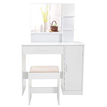 Vanity Set with Mirror & Cushioned Stool, Makeup Table Vanity Dressing Table, 1 Large Drawer, 1 Storage Cabinet, for Bedroom, Bathroom, White