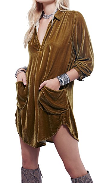 R.Vivimos Women Velvet Long sleeve Pocket Casual Short Dress