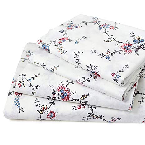 FADFAY Sheet Set Queen Farmhouse Bedding 100% Cotton Hypoallergenic Floral Bedding Shabby Beige Roses Peonies Bouquet Deep Pocket Fitted Sheet 4-Pieces Queen