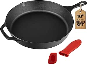 Cast Iron Skillet 10 Inch Pre-Seasoned Frying Pan with Heat-Resistant Handle and Scraper for Stove Top, Campfire, Indoor, Outdoor Cooking, Oven-Safe Durable Cookware for Searing, Sautéing, Baking