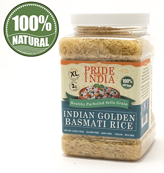 Pride Of India - Extra Long Indian Golden Basmati Rice - Healthy Parboiled Sella Grain, 2.2 Pound (1 Kilo) Jar