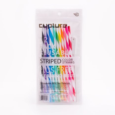 Cupture® Reusable & Unbreakable Color Striped Straws - 12 Count   Free Brush