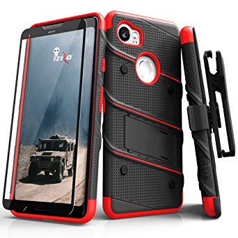 Zizo Bolt Series Google Pixel 2 XL Case - Tempered Glass Screen Protector with Holster and 12ft Military Grade Drop Tested (Black & Red)