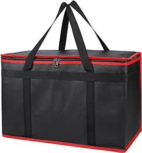 Bodaon Insulated Food Delivery Bag, XX-Large Reusable Grocery Shopping Bags, Picnic Cooler Bag Zipper/Zippered Top Cold, Black with Red Edge, 1-Pack