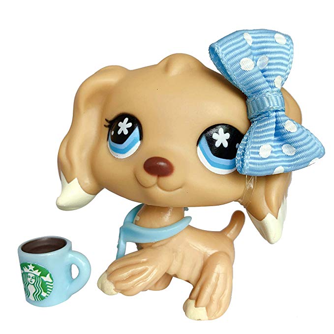 Gigi lps Cocker Spaneil #748 Tan Brown Pupy with Blue Flower Eyes Cocker Spaniel with lps Accessories Bow Collar and Coffee Drinks Kids Gift