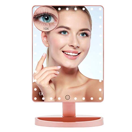 Lighted Makeup Mirror (Large Model), COSMIRROR Large Makeup Vanity Mirror with 35 LED Lights and 10X Magnifying Mirror, Touch Sensor, Dual Power Supply, 360° Rotation Light Up Mirror (Rose Gold)