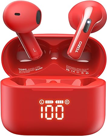 TOZO Tonal Fits T21 Wireless Earbuds, 5.3 Bluetooth Headphone, Sem in Ear with Dual Mic Noise Cancelling, IPX8 Waterproof, 44H Playback Stere Sound with Power Display Wireless Charging Case Red