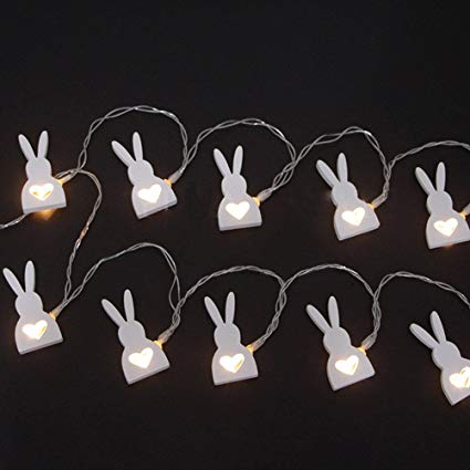 LEDMOMO 10 LEDs String Light Battery Powered Warm White Fairy Lights Wooden Rabbit Heart Easter Decoration