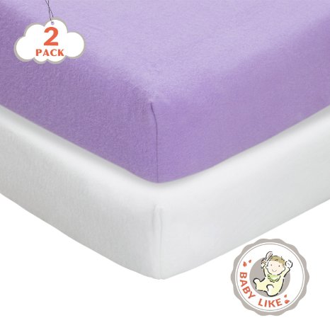 TillYou 2 Pack Fitted Crib Sheet-100% Woven Cotton Flannel(Breathable and Soft), Fit Standard Crib Mattress--White & Lavender