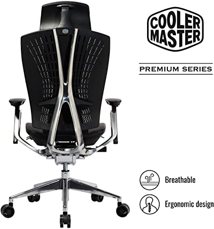 Cooler Master Ergo L Ergonomic Reclining Office Chair, Sciatica Relief, Adjustable Seat Height and Armrest, Gaming, Premium Cushioning in Headrest and Lumbar Support, Aluminum Base - Black