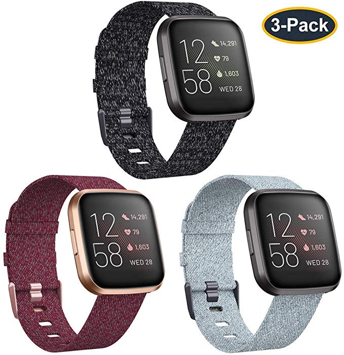KIMILAR 3-Pack Bands Compatible with Fitbit Versa/Versa 2/Versa Lite Edition, Large Small Soft Woven Fabric Breathable Accessories Strap Replacement Wristband Women Men Compatible Versa Smart Watch