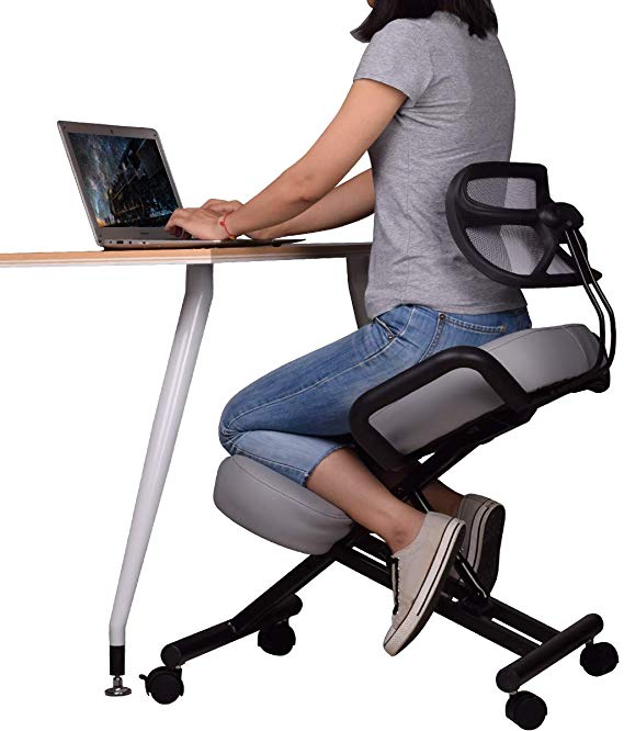 DRAGONN Ergonomic Kneeling Chair with Back Support, Adjustable Stool for Home and Office - Improve Your Posture with an Angled Seat - Thick Comfortable Cushions - Gray
