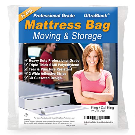 UltraBlock Mattress Bag for Moving & Storage - King/Cal King Size Heavy Duty Triple Thick 6 mil Tear & Puncture Resistant Bag with Two Extra Wide Adhesive Strips