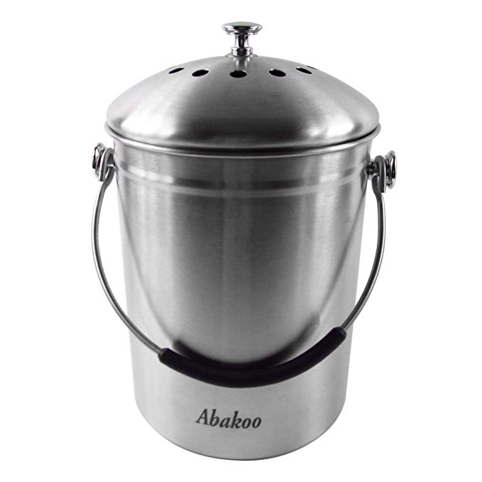 Abakoo Compost Bin 304 Stainless Steel Kitchen Composter Waste Pail Indoor Countertop Kitchen Recycling Bin Pail - Includes 4 Charcoal Filters Clean & Odor Free (1.3 Gallon)