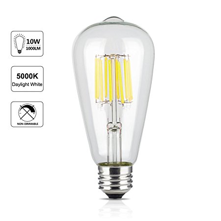 OMAYKEY LED Edison Bulb 10W (100W Equivalent) 5000K Daylight White Glow, E26 Medium Base ST64 Vintage Edison Light Bulbs, 360 Degree Beam Angle, Non-dimmable