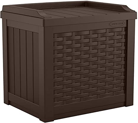 Suncast 22-Gallon Small Deck Box-Lightweight Resin Indoor/Outdoor Storage Container and Seat Cushions and Gardening Tools Store Items on Patio, Garage, Yard, Java