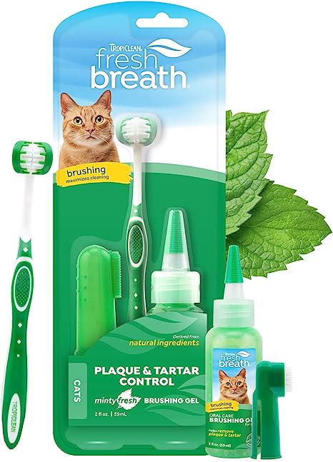 Tropiclean Fresh Breath Oral Care kit for Cats. 4oz of Brushing Gel Plus 1 Toothbrush and 1 Finger Brush.