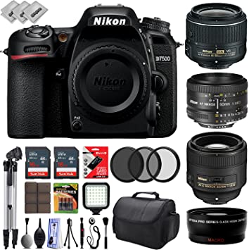 Nikon D7500 HD Digital SLR Camera w/ 4 Lens - 18 to 85mm - 32GB - 30PC Bundle - Nikon 50mm 1.8D - Nikon 18-55mm VR - Nikon 85mm f/1.8G - Opteka 0.43X HD Wide Angle Lens with Macro