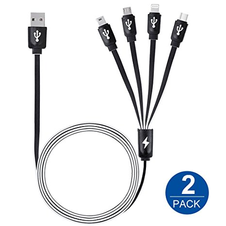 Multi Charger Cable 2 Pack IVVO 4 in 1 Multiple USB Charging Cord Adapter With Lightning / Micro / Type C / Mini USB Ports for iPhone 7 7 Plus,iPad, Galaxy S8, Android and More