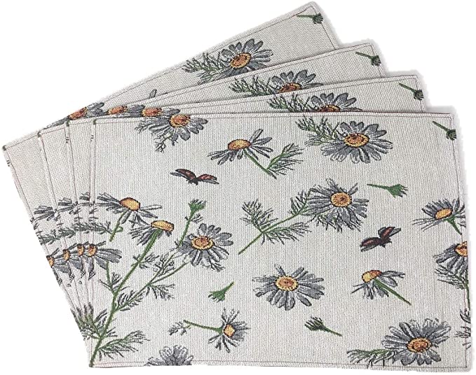 Tache Floral Yellow Daisies Ladybugs Ivory Woven Placemat - Vintage Tapestry Place Mat - Set of 4 Pieces