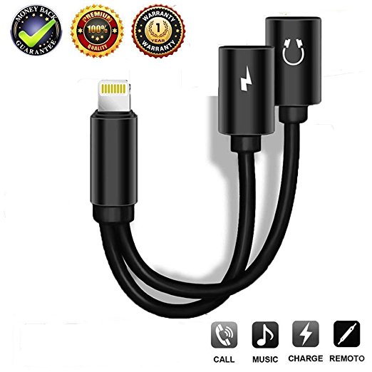 2-in-1 Lightning Splitter Adapter for iPhone X/8/8 Plus/7/7 Plus. Double lightning ports for dual Lightning Headphone Audio & Charge Adapter Compatible IOS 10 or Later(Black)