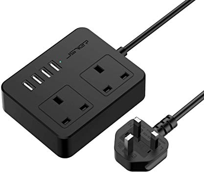 JSVER Extension Lead with 4 USB Slots (5V/3.1A) 2 Outlet Power Strip Surge Protected Power Socket with 1.5M Cable for Home, Office, Hotel, Travel -Black