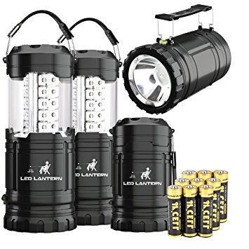 MalloMe 2-IN-1 LED Camping Lantern & Flashlight with 12 AA Batteries - Survival Kit Gear for Emergency, Hurricane, Storm, Outage (Black, Collapsible), 4 Pack