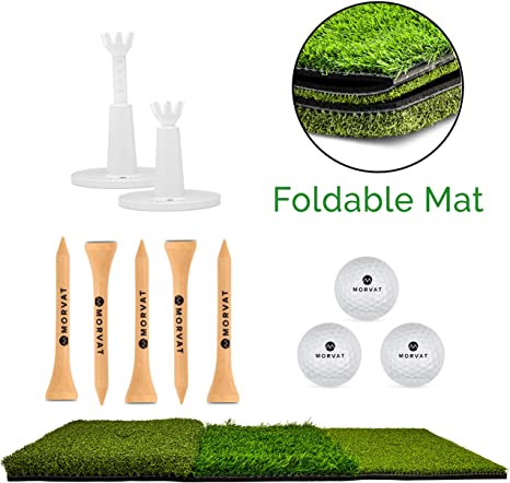 Morvat Golf Hitting Mat Tri-Turf - Portable Putting Green, Perfect Practice Putting Mat, Golf Practice Mat, Golf Putting Mat Indoor & Outdoor with Adjustable Tees and Golf Balls