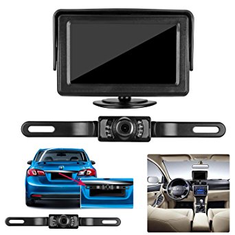 Emmako rear view Camera and Monitor Kit for Car，Universal Waterproof reverse License Plate Car/vehicle Backup Camera with 4.3 Inches LCD Monitor