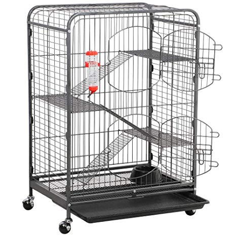 Yaheetech 37-inch Rolling Large Ferret Cage - Portable 4 Levels Chinchilla Squirrels Sugar Glider Small Animals Hutch w/Shelves/Ramps/2 Front Doors/Bowl/Bottle Black