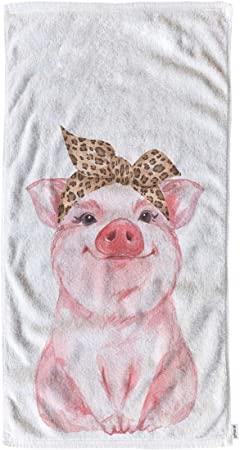 oFloral Pig Hand Towels Cotton Washcloths,Farm Animal Funny Cute Piggy Wearing Leopard Bandana Pink Super-Absorbent Soft Towels for Bath/Yoga/Golf/Hair Towel for Men/Women/Girl/Boys 15X30 Inch