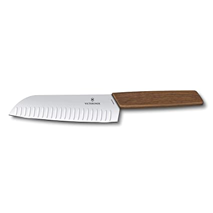 Victorinox, Swiss Modern SANTOKU Knife/Meat Knife/Chef Knife, 17 cm Fluted Blade- Walnut Wood Handle.