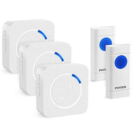 Wireless Doorbell,PHYSEN X2 Waterproof Door Bell with 2 Push Buttons and 3 Plug-in Door Chime Receivers,Operating Over 600 Feet Range,52 Ringtones,4 Adjustable Volume Levels,Fit for Home/Office,White