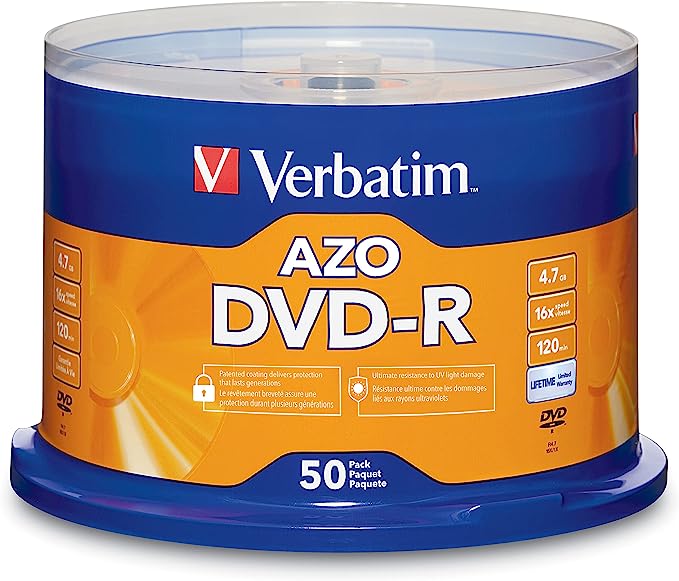 Verbatim 4.7GB up to 16x Recordable Disc AZO DVD-R 50-Disc Spindle 95101, Silver