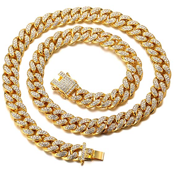 Halukakah ● BLING ● Men's 18k Real Gold/Platinum Plated Dense Diamond Set Big Miami Cuban Chain Necklace 18"(45cm)/24"(60cm)/30"(75cm)/35"(90cm) Bracelet 7"(18cm)/8"(20cm)/8.7"(22cm) with FREE Giftbox