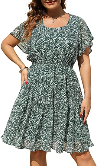 Nemidor Womens Casual Plus Size Summer Boho Chiffon Print Midi Skater Dress with Ruffle Sleeve NEM297