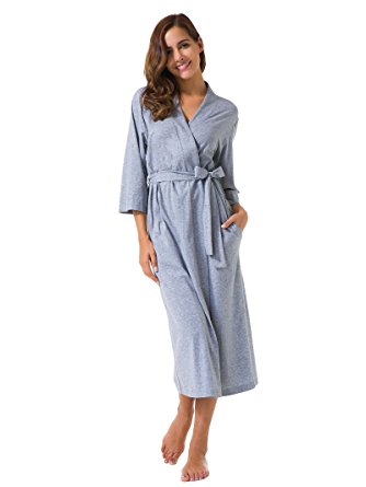SIORO Women's Kimono Robes Cotton Lightweight Robe Long Knit Bathrobe Soft Sleepwear V-neck Ladies Nightwear