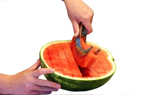 Stainless Steel Watermelon Slicer Corer Cutter Server Tongs - One Year Warranty - essential tool for serving perfect melon slices - extra large classic kitchen knife best tool to cut fruit fast