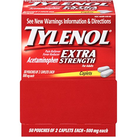 Tylenol Extra Strength Caplets, Pouches of 2, 50 Count