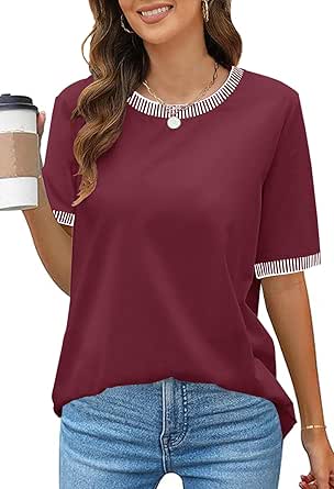 MEROKEETY Women's 2024 Short Sleeve Striped Color Block T Shirts Crewneck Loose Casual Tee Tops