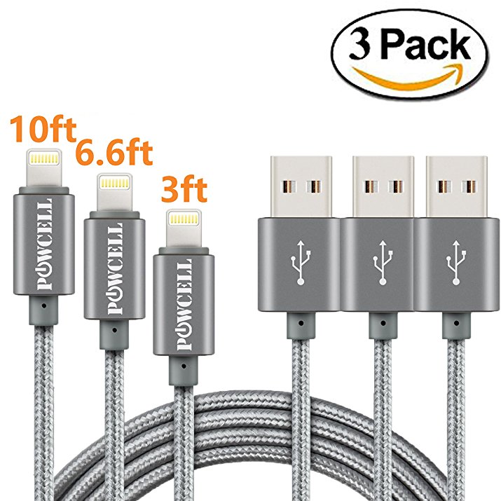 Value Pack POWCELL 3/6/10 Feet Nylon Braided Fast Charger Cord For Apple iPhone/iPad, Fast USB Data Sync & Charge Cord Cable