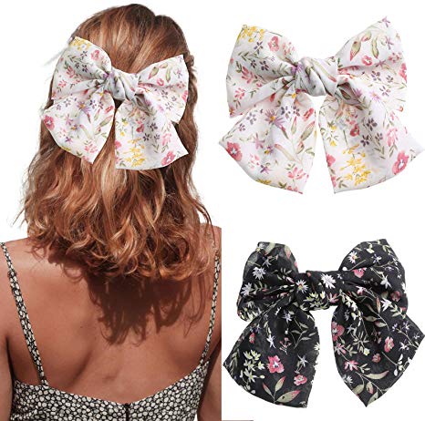 Chiffon Bow Barrettes Hair Clips - AWAYTR 2 Packs Flower Elastic Hair Bow for Women Wedding Party (beige black)