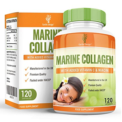 Earths Design Marine Collagen Complex, High Strength Anti-Wrinkle Supplement with Niacin & Vitamin C, Tired Skin Will Gain More Elasticity and Feel Rejuvenated - 120 Capsules