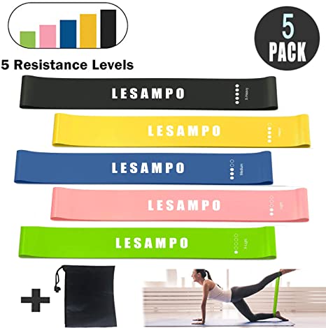 Lesampo Workout Resistance Bands Set for Exercise, Physical Therapy,Booty Working Out, Strength Training and Yoga,Mini Loop Fitness Elastic Bands for Leg,Butt,Knee and Body,5 Pack with Carry Bag